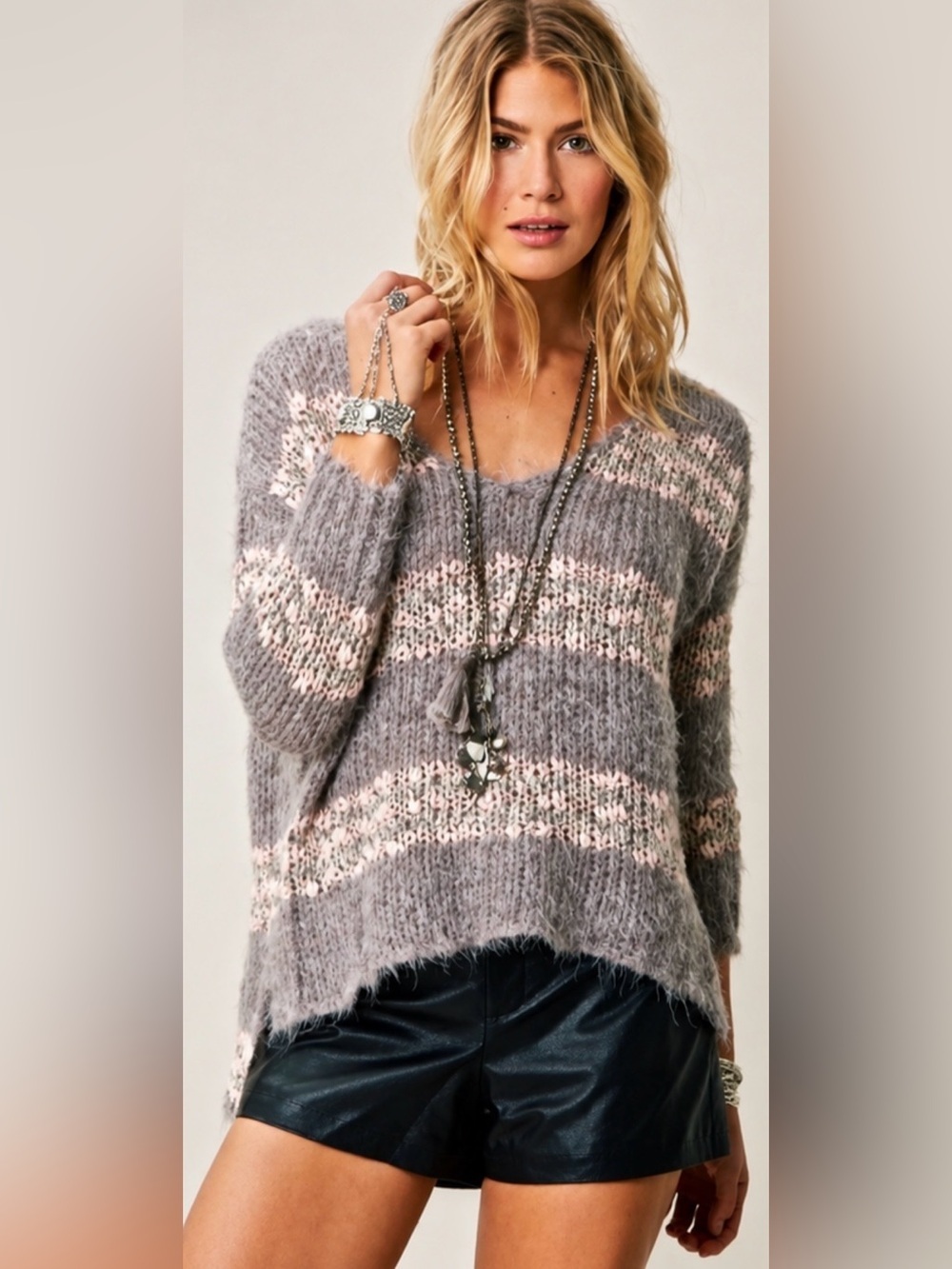 Free People Linus Eyelash Fuzzy Pullover Sweater XS Pink Gray Striped